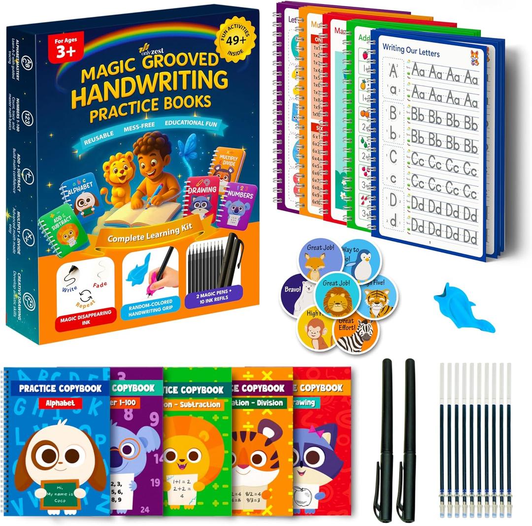 Magic Grooved Writing Practice for Kids  5 Reusable Grooved Writing Books for Kids 35, Ages 6-8, 49+ Activities for Alphabet, Numbers, Math & Drawing, Erasable Magic Ink, Pen Grip for Small Hands