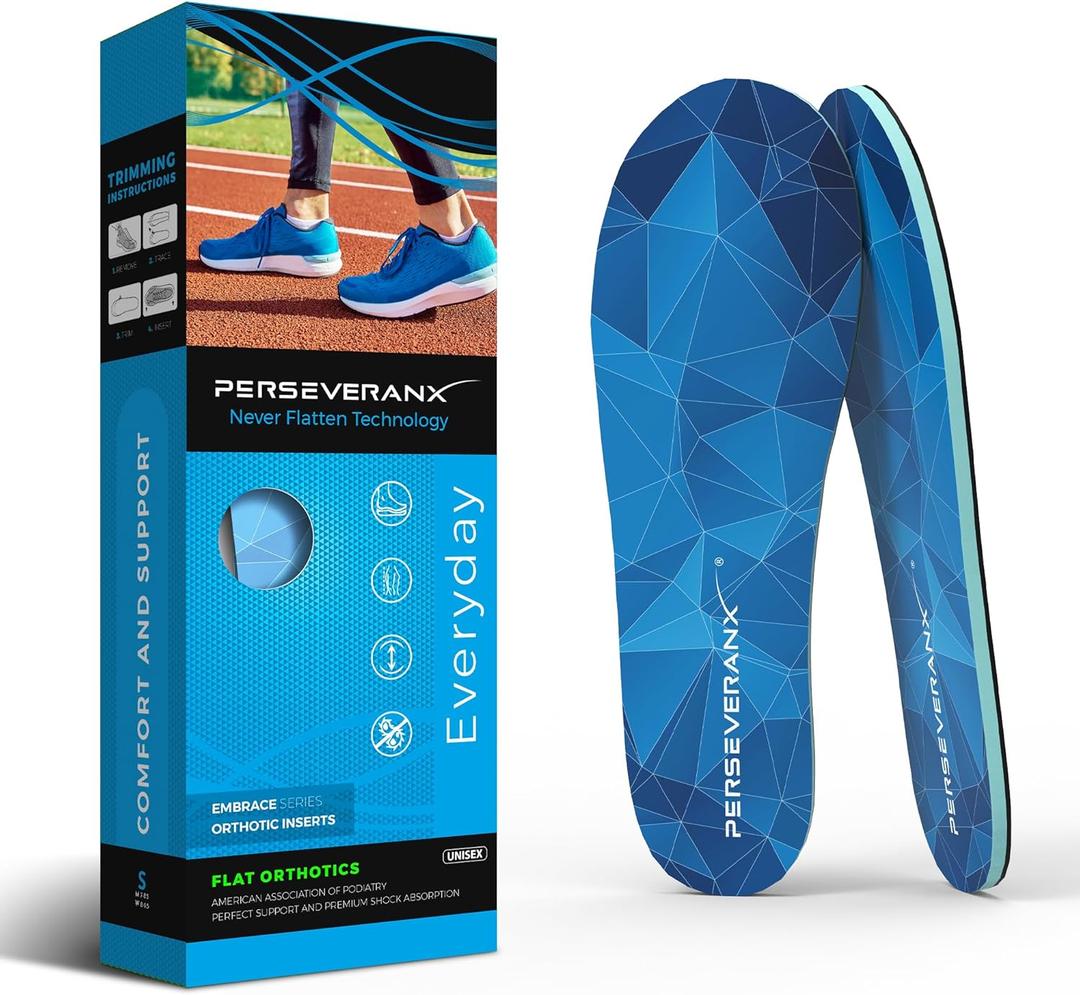 Never Flatten Flat Insoles Men & Women - Extra Shock Absorption Flat Inserts with No Arch Support - Shoe Inserts Men for Walking & Standing & Running 1/8" Thickness (Blue)