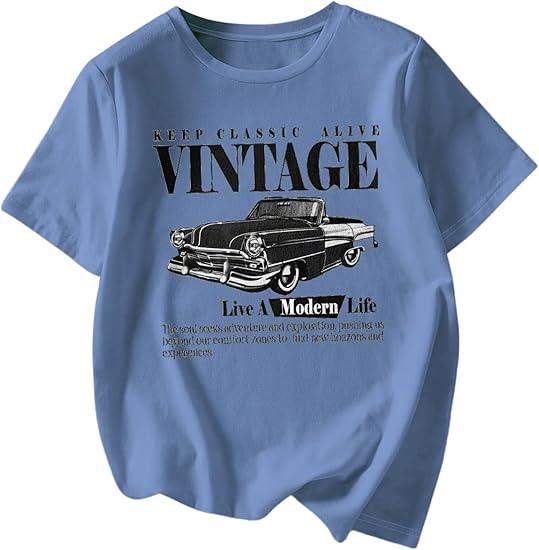 RoseSeek Women's Graphic Letter Tee Crew Neck Drop Shoulder Trendy Summer T Shirt Short Sleeve Vintage Car Print Top Car Print Blue XX-Large at Amazon Womens Clothing store (XXL)