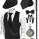 1920s Mens Costume, Roaring 20s Costumes for Men 1920s Mens Outfit with Walking Cane Vest Hat 1920 Mens Accessories (Black, S)