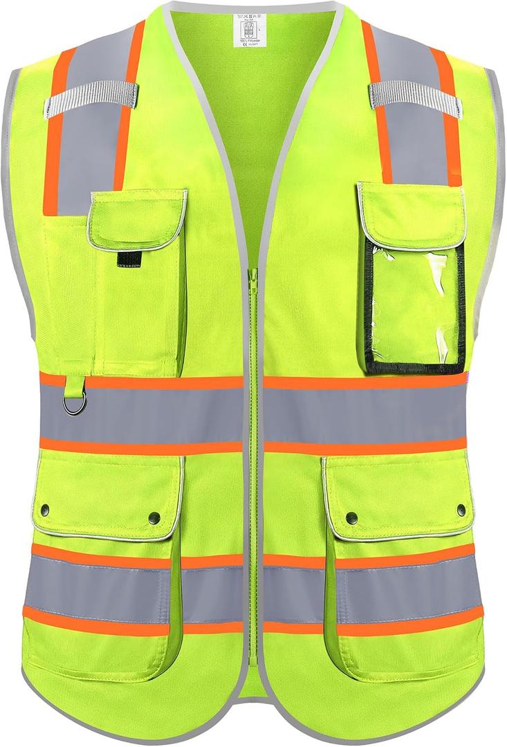 Reflective Safety Vest for Men Women, High Visibility Safety Vest with 8 Pockets Zipper Front, Meets ANSI Standards