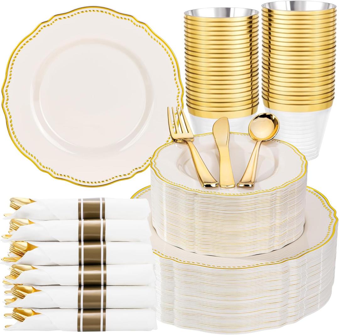 Hioasis 350pcs Ivory Gold Plastic Plates - Gold Plastic Dinnerware Set Includes 50 Dinner Plates, 50 Dessert Dinnerware, 50 Cups, 50 Napkins Perfect for Wedding & Party