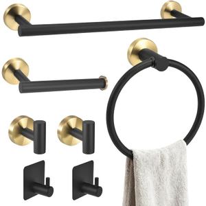 7 Pcs Bathroom Hardware Accessory Set, Stainless Steel Towel Racks for Bathroom, Black and Gold Bathroom AccessoriesModern Luxury Bathroom Towel Holder & Toilet Paper Holder 15.75"