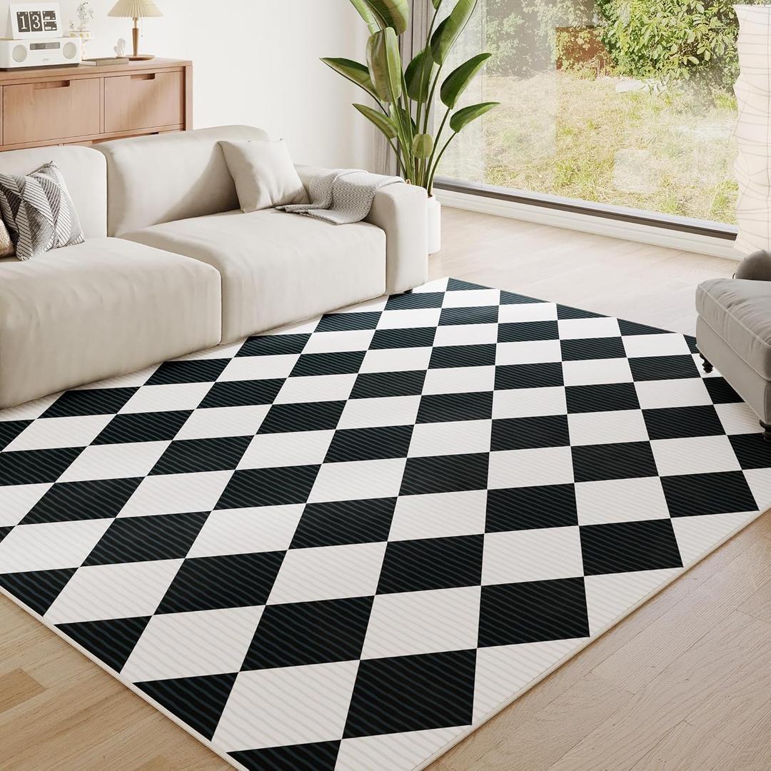 8x10 Washable Checkered Rugs for Bedroom, Black and White Area Rug for Living Room, Geometric Faux Wool Carpet for Kids, Girls, Boys Playroom, Dorm, Nursery, Dining Room, Kitchen, Non Slip