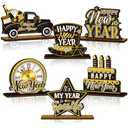 Cinnvoice 5 Pcs Happy New Year Table Decorations Wooden Table Centerpieces Rustic Wood Tabletop Sign Decorations for Home Kitchen Office Farmhouse Desk Shelves Party Tiered Tray Decor