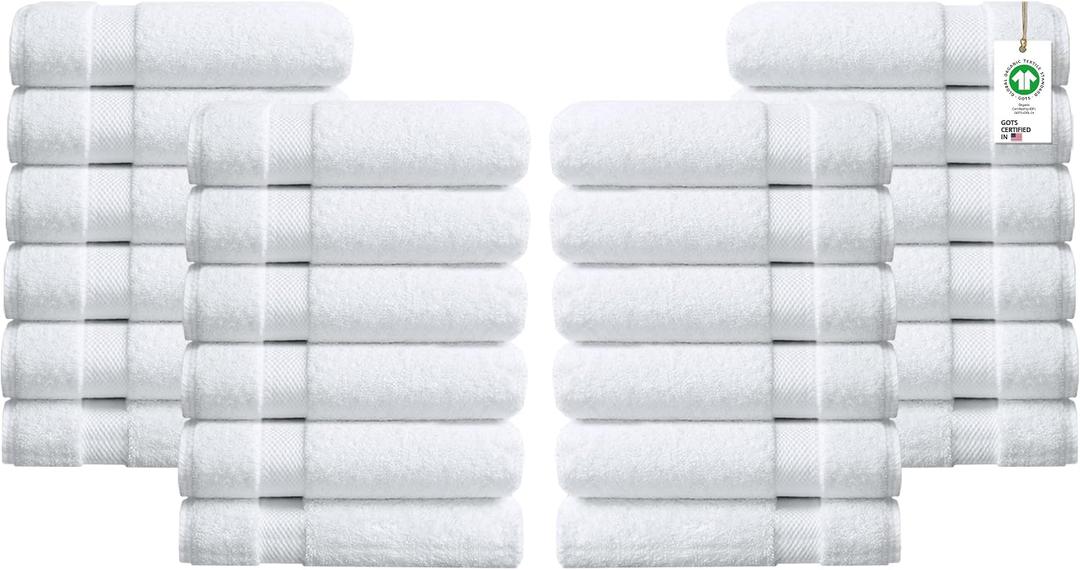 Towels Cotton Washcloths Set 100% Organic Cotton, GOTS Certified Premium Quality Face Cloths, Feather Touch Technology Highly Absorbent and Soft Feel Fingertip Towels, Pack of 24
