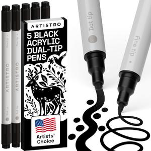 ARTISTRO 5 Black Dual-Tip Acrylic Paint Pens for Rock, Ceramic, Glass, Wood, Fabric - Black Markers for Acrylic Painting, 5mm Dot + 1mm Fine Tips