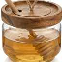 Honey Jar Pot Glass Holder Dispenser Set with Wooden Dipper Stick and Acacia Lid Cover for Home Kitchen, Clear, Modern Honey Syrup Glass Container for Storage Gift, Honey Pot and Drizzler (9 Oz)
