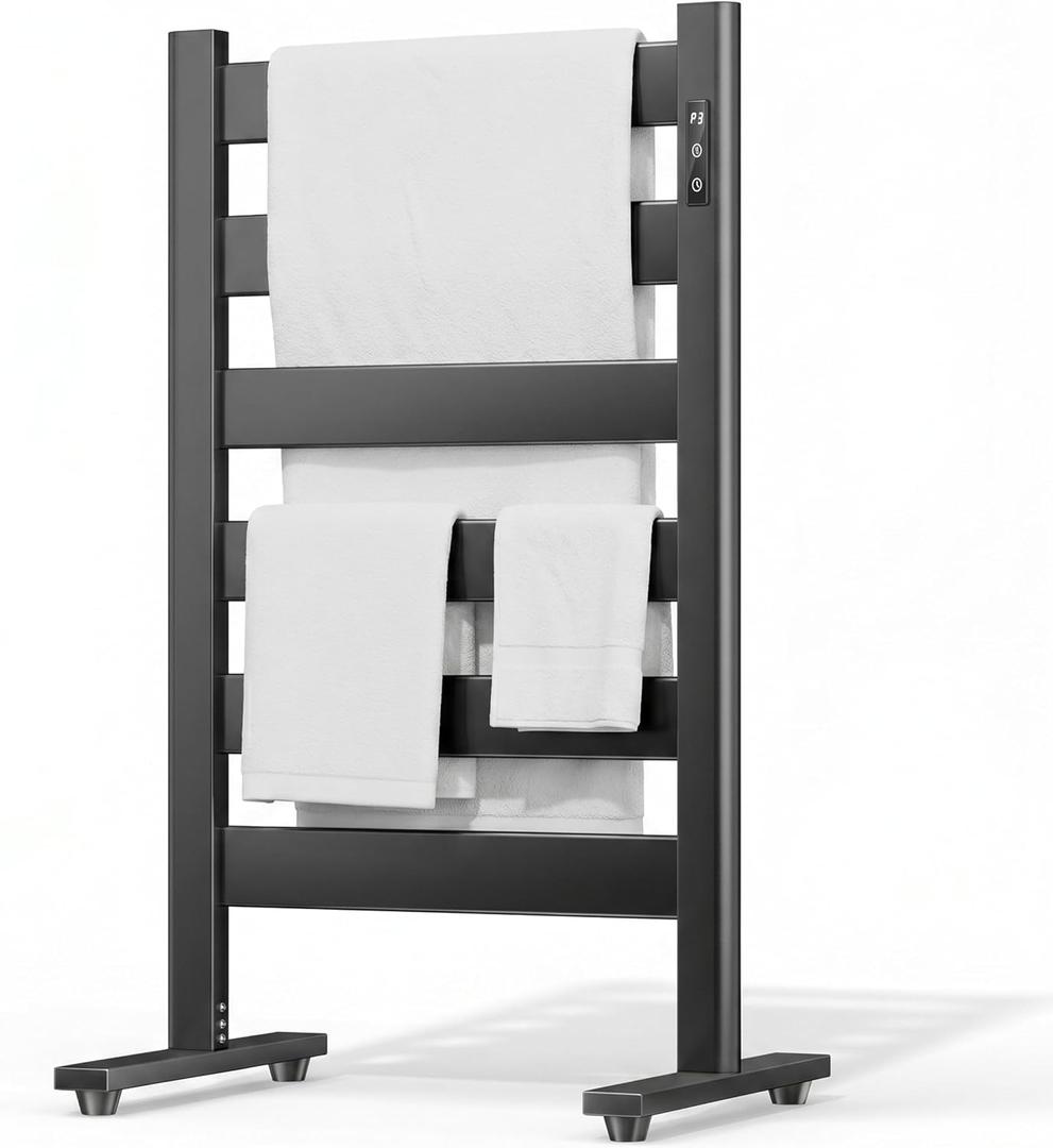 Freestanding Heated Towel Rack Large Capacity, 6 Bars, PTC Fast Heating, Adjustable LED Timer, Auto Shut-Off, High Temperature, Matte Black, for Bathroom & Home
