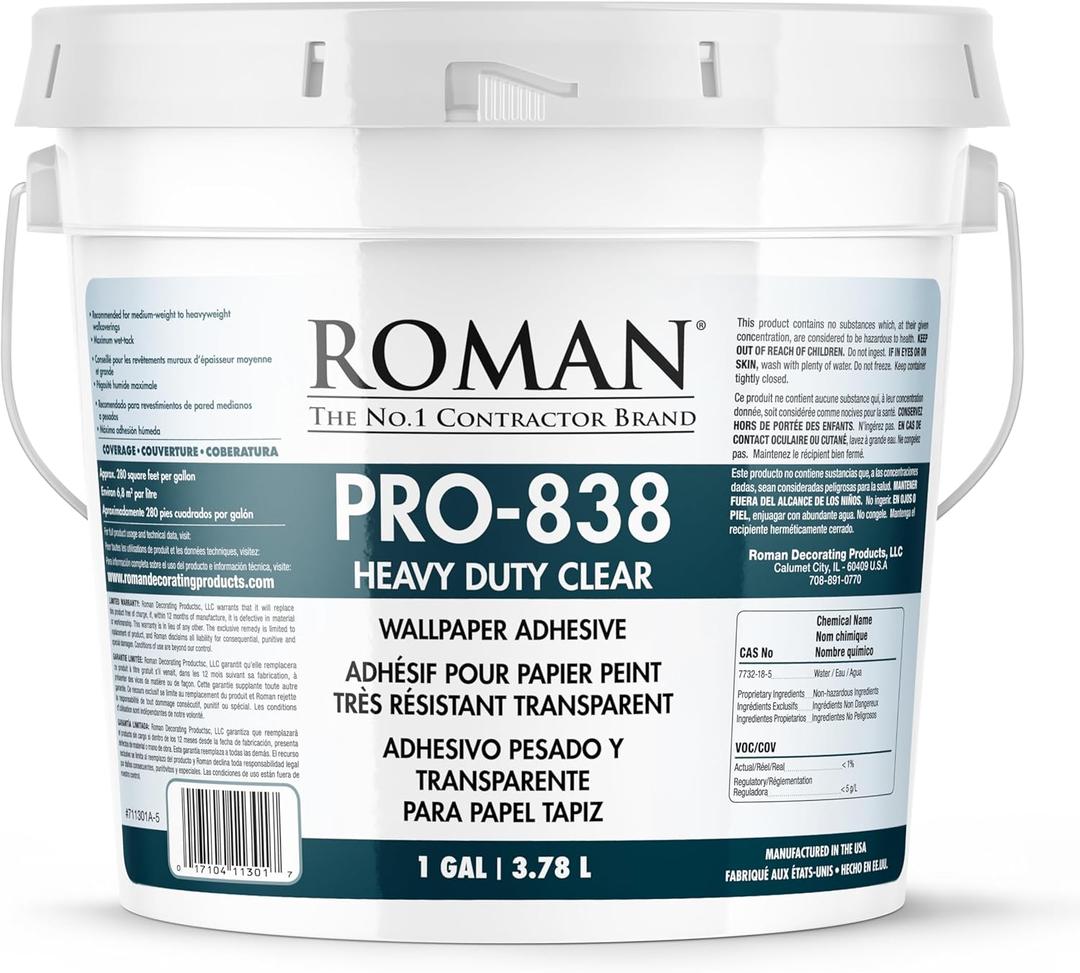 ROMAN PRO-838 Heavy Duty Clear Wallpaper Adhesive, for Commercial Weight Wallcoverings, Wall Carpet, Non-Wovens, and More, 1 Gallon (300 sq. ft.)