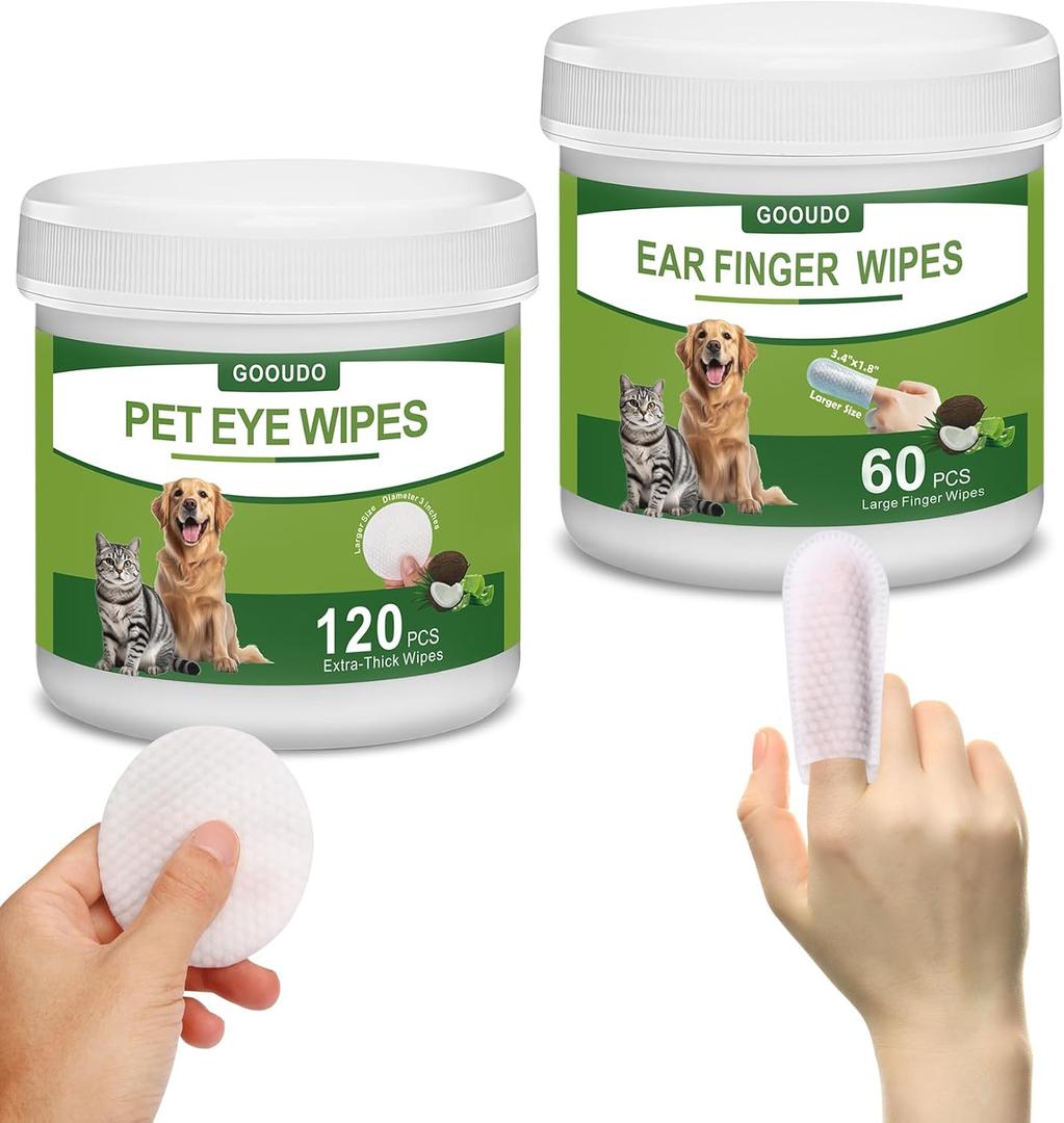 Pet Eye and Ear Wipes Kit for Dogs and Cats | 120 Extra-Thick Tear Stain Remover Wipes & 60 Large Finger Wipes for Ear Cleaning | Stop Itching, Infections, Remove Discharge & Crust, Coconut Scent