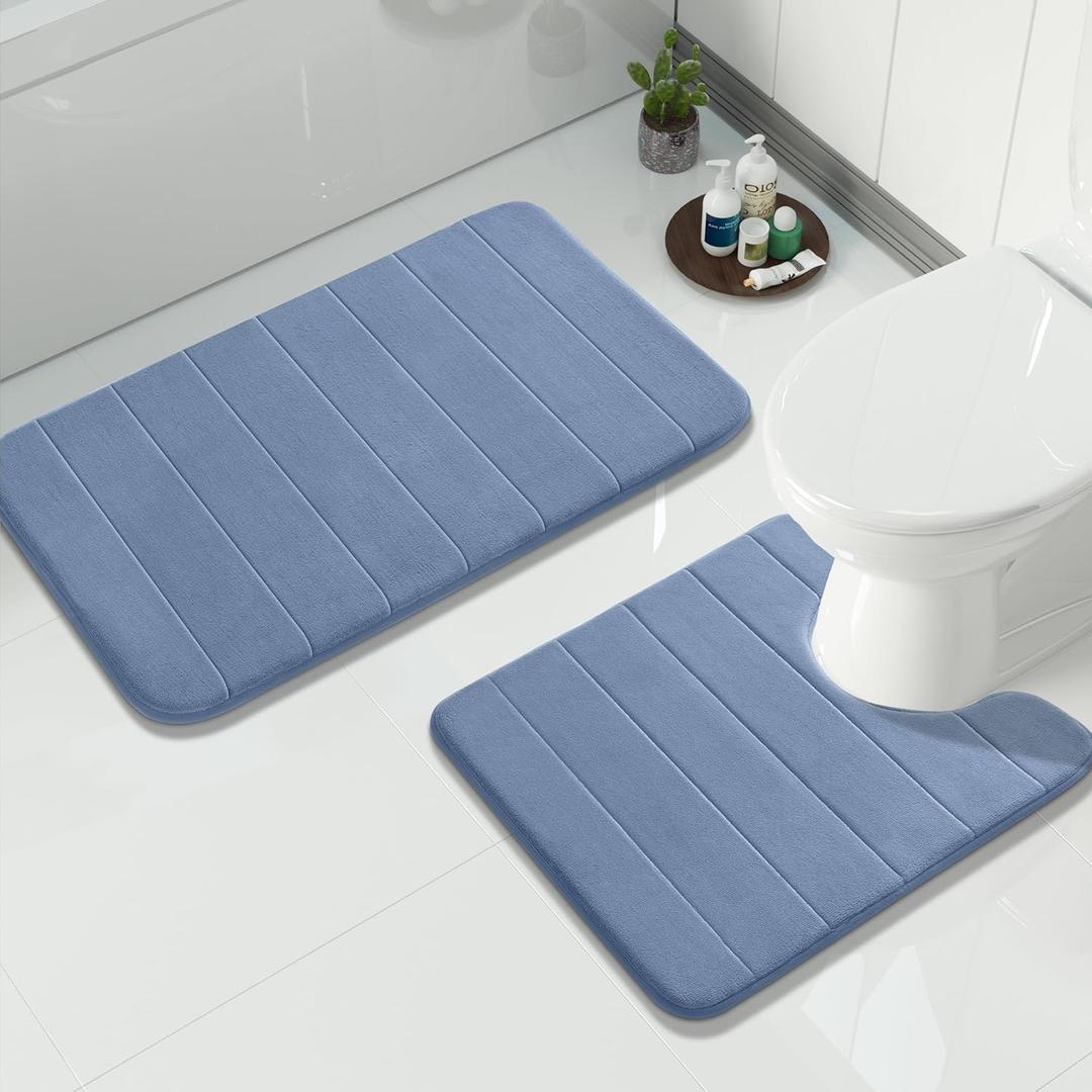 Yimobra Memory Foam Bath Mat Set 2 Piece - Super Soft Absorbent Quick Dry Bathroom Toilet Rugs, Machine Washable Non Slip Floor Carpet for Tub Shower & Single Sink (31.5x20 & 24x20, Denim Blue)