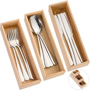 Baderke 3Pcs Bamboo Drawer Organizer 10 x 3 x 2'' Kitchen Silverware Organizer Tray Long Stackable Storage Box Wooden Utensil Holder with Silverware Set for Kitchen Bathroom Cabinet(Natural)