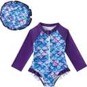 Goodplayer Baby Girl Swimsuit One-Piece Long Sleeve Rash Guard with Hat Set Zipper Bathing Suit, Size 0-3M