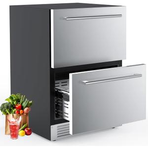 COWSAR Under Counter Double Drawer Refrigerator, 24 Inch Weather Proof Outdoor Beverage Fridge, Built-in Stainless Steel Beverage Cooler, 145 Cans for Kitchen & Commercial, Silver (5.0 Cu.ft)