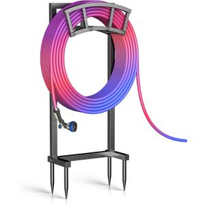 Garden Hose Holder Freestanding, Outdoor Heavy Duty Water Hose Holder Reel with 4 Spikes Holds 150-ft Water Pipe, Detachable Metal Hose Storage Stand Hanger Rack for Outside Yard Lawn Farm, Black