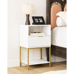Nightstand, Modern Bedside Table with Gold Frame, 25.51''H End Table,White Night Stand,3-Tier Storage Side Table for Bedroom,Living Room (Modern-Stripes, White.)