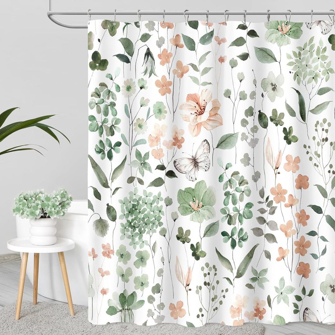 Cute Floral Shower Curtain, Sage Green Flower Fabric Shower Curtains for Bathroom, Spring Summer Wildflower Butterfly Cloth Shower Curtain Set with Hooks, 72x72