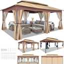 HOTEEL Gazebo 12x20, Outdoor Gazebo on Clearance with Double Ventilated Arc Roof, Privacy Curtains & Mosquito Netting, Easy Set up Canopy Tent with Stable Metal Frame for Patio Gazebo, Khaki
