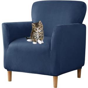 Stretch Chair Covers with Arms 1-Piece Banquet Armchair Slipcover Velvet Mid Century Modern Armchair Slipcover Anti-Slip Furniture Protector for Living Room Friendly for Kids Pets (Navy)