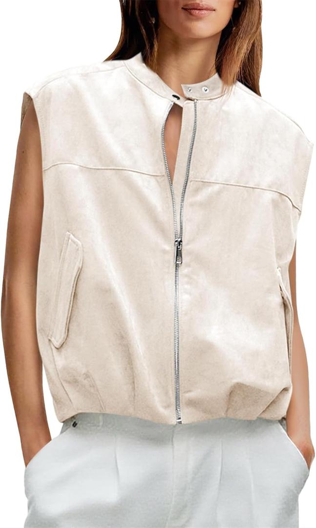 Yousify Womens Zip Up Faux Suede Vest Cropped Cap Sleeve Trendy Casual Pleated Vest Jackets Fall Loose Fit Outerwear (Beige, S)