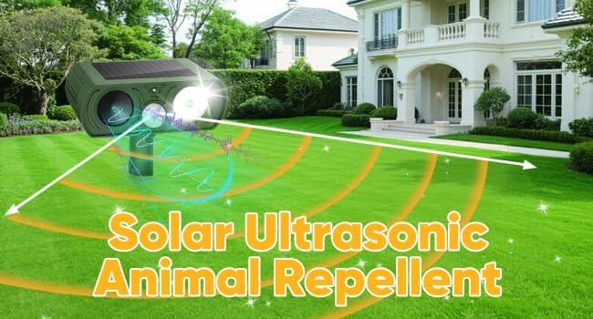 Deer Repellent Devices Outdoor for Plant, Solar Ultrasonic Animal Repellent for Yard, 2 Pack