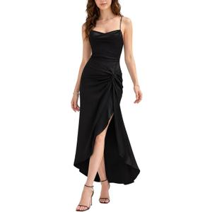 SUNSTORY Black Satin Maxi Dress: 2026 Women’s Backless Sleeveless Bodycon Formal Gown, High Slit Tie Back Dresse (L)