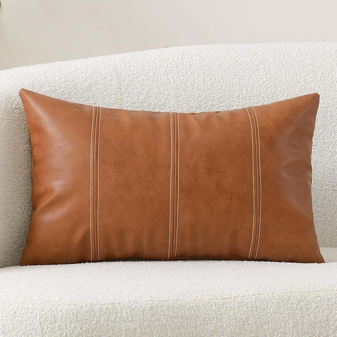 Faux Leather Lumbar Decorative Throw Pillow Cover 12x20 Cognac Brown Modern Farmhouse Boho Small Accent Rustic Home Decor Rectangle Cushion Cases for Couch Bed Sofa Living Room