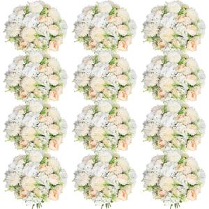 Tigeen Artificial Flowers Artificial Peonies Silk Flowers Faux Peony Fake Peony Silk Hydrangea Bouquet for Wedding Table Centerpiece Floral Vase Decor(Champagne White,12 Bundles)