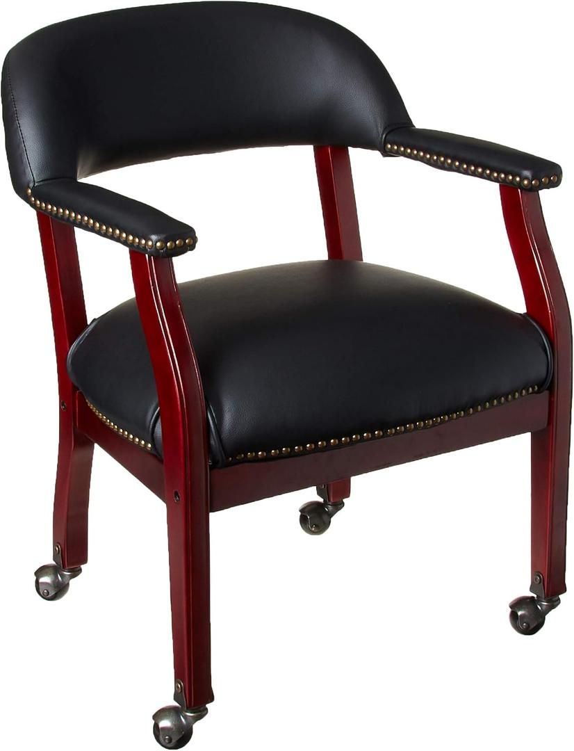 Boss Captain’s Chair In Black Vinyl W/ Casters, Black/Mahog