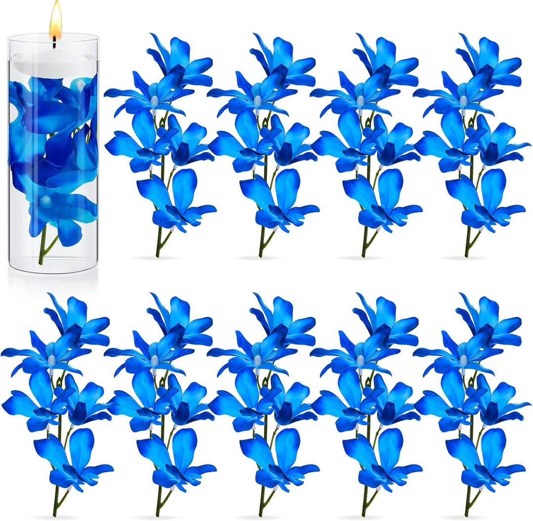 16 Pieces Orchid Faux Flowers Floating Candles Centerpiece Wedding Table Centerpieces Vase Fillers Filling for Wedding Birthday Party Table Decorations (Sky Blue)