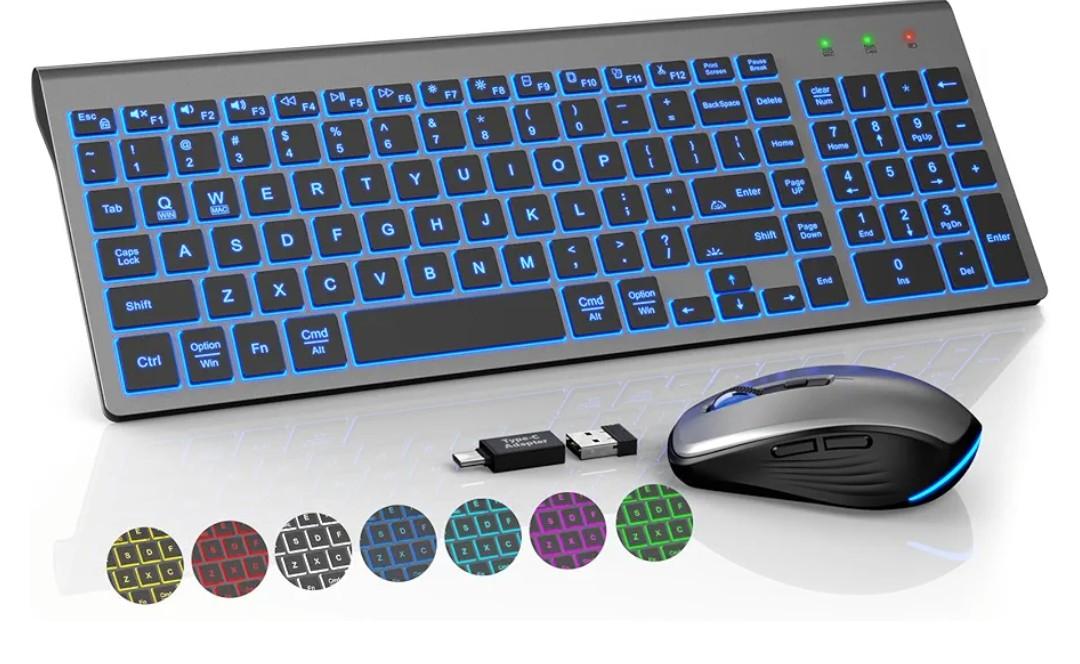 SABLUTE Wireless Keyboard and Mouse Combo Backlit - Compact Quiet Keyboard with RGB Mouse, Rechargeable, Slim, Sleep Mode, Portable Cordless Keyboard Mouse Set for Mac, Windows, Laptop (Space Gray)