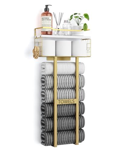 Aetyord Towel Racks for Bathroom - Wall Mounted Metal Rack with Wood Plank, Bathroom Storage Organizer, Towel Holder Stores 6 Large Rolled Towels Easily, Gold and Size XL 31"