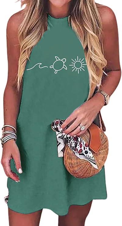 Women Summer Dresses Hawaiian Graphic Tank Sundress Sleeveless Beach Sun Dresses Casual Mini Short Dress (Green2, Large)