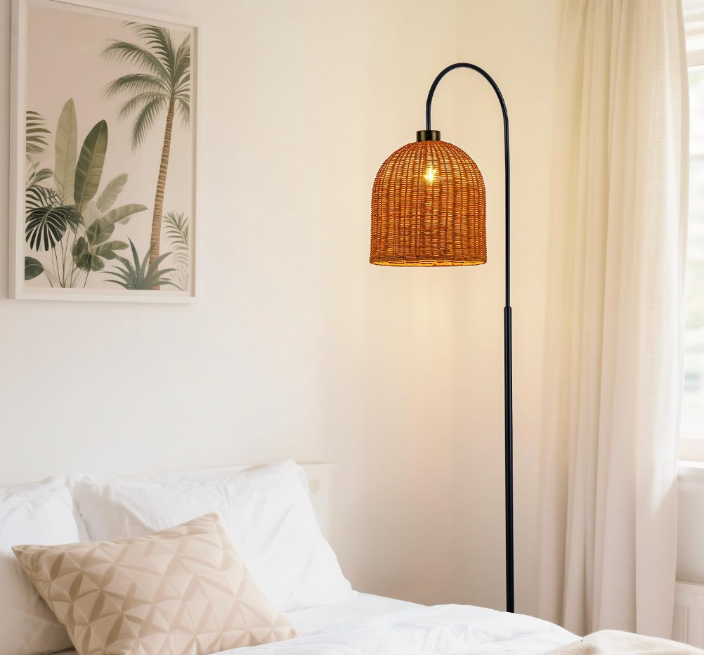 MAYNA Arc Floor Lamp with Woven Rattan Shade, Matte Black Standing Reading Light with Curved Arm & Foot Switch, Tall Boho Mid-Century Lamp for Living Room Bedroom Coastal Rustic Decor, Bulb Included
