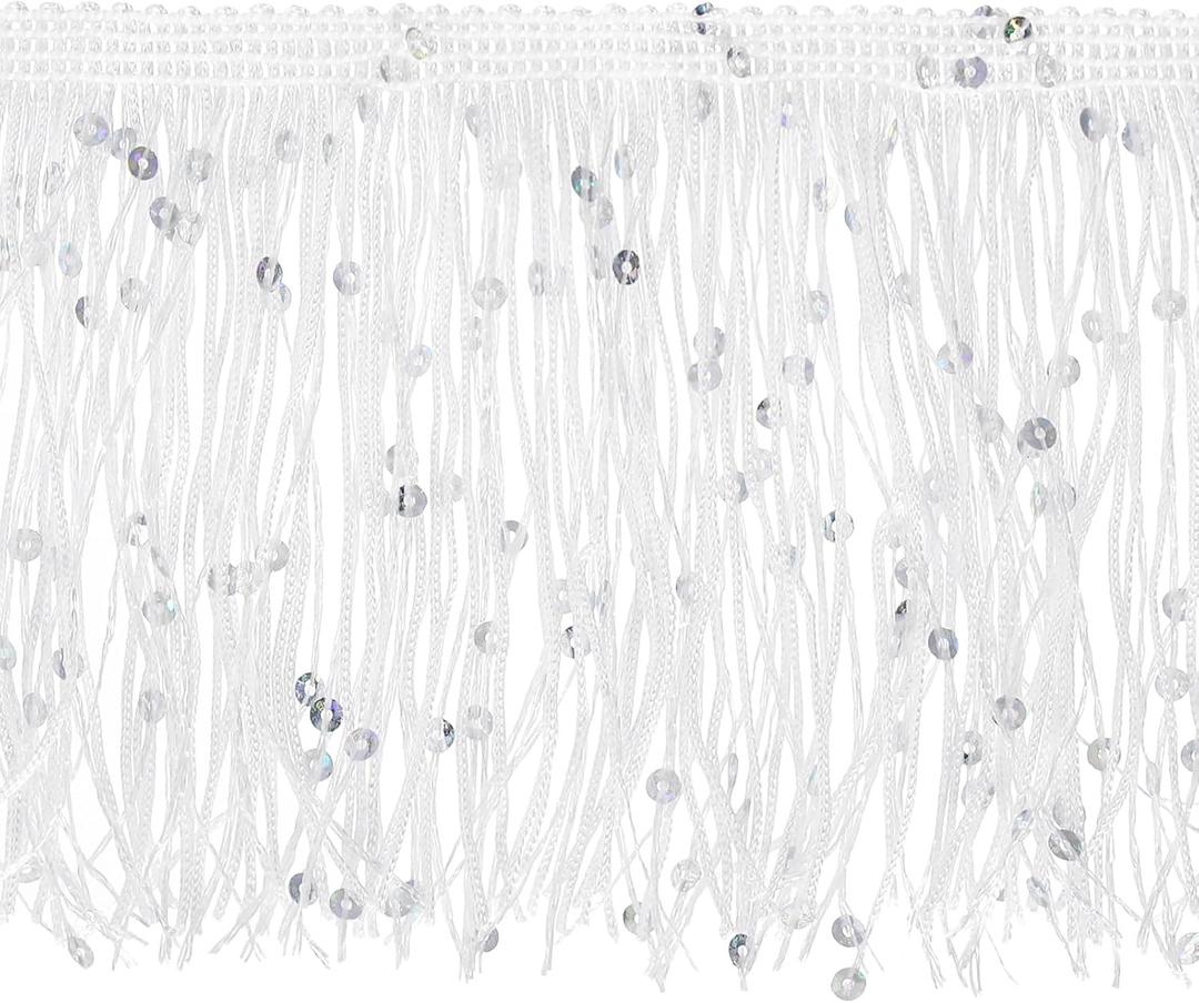 uxcell 5 Yards of 10cm/4" Sequin Fringe Trim Sparkling DIY Fringe Tassel Trim Ribbon for Costume Clothes DIY Sewing Crafts Decoration, (14.7 ft/4.5m) White