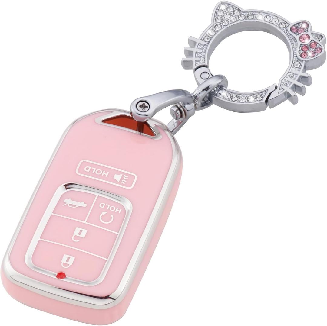 Pangpai Pink Key Fob Cover for Honda, Soft TPU Key Case Protection with Bling Keychain Fit for Honda Accord Civic CRV Pilot Odyssey Smart Key Holder