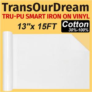 TransOurDream Tru-PU Smart Iron On Vinyl Roll 13in x 15ft for AIR 2, Explore 3, Maker 3, Cameo, Matless Cutting for Long cuts, Matte White Heat Transfer Vinyl for T-Shirts, Thinner, Soft