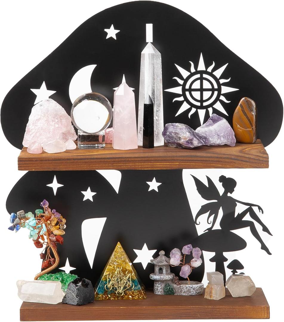 Wooden Mushroom Shelf with Iron Backing - Rustic Wall Decor for Crystals, Oils & Trinkets | Decorative Display Shelf for Witchy Room, Mushroom Decor & Fairy Core Decor | Mushroom Wall Art Gift