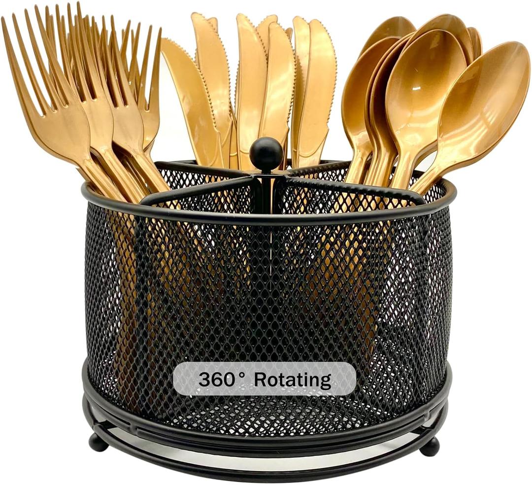 360° Rotating Metal Utensil Caddy - 4 Compartment Silverware Cutlery Holder Rotation Fork Spoon Napkin Organizer Flatware Storage Basket Party Countertop Buffet Picnic Camping Outdoor Black