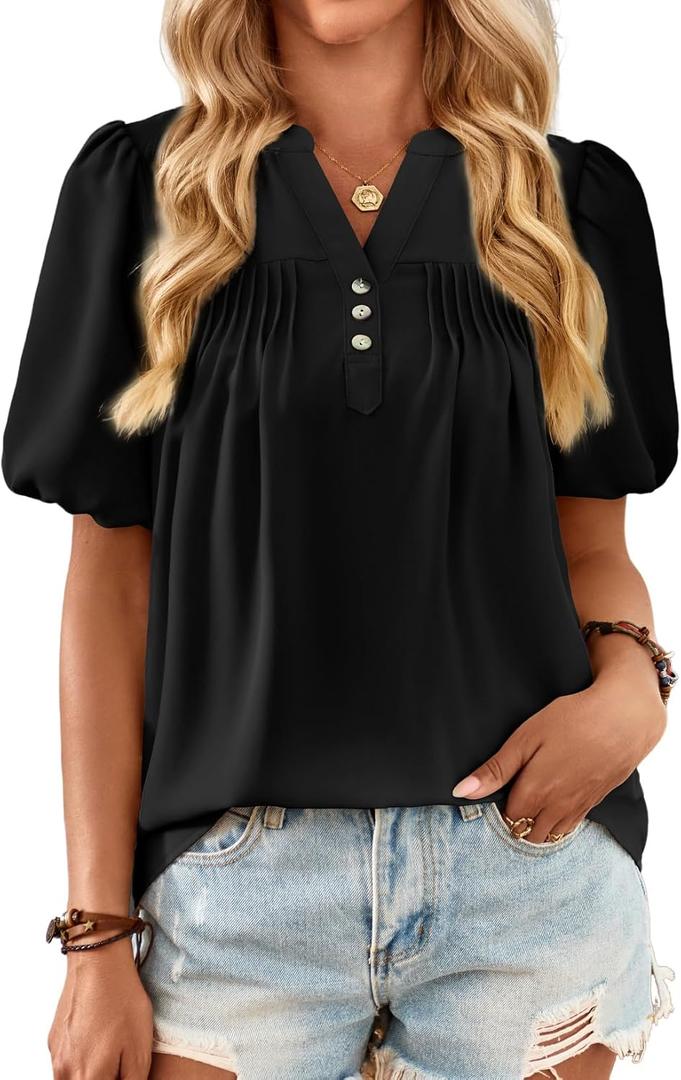 Womens Summer Tops Lantern Short Sleeve V Neck Blouses Dressy Casual Loose Fit Button Down Shirt for Women (Black, XXL)