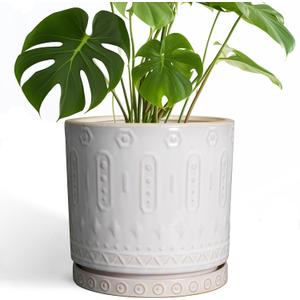 Eightpot Ceramic Planter Pot - 10 Inch Plant Pot for Indoor Outdoor Plants Round Large Flower Pot with Drainage Holes and Saucer for Home Garden Patio Decor White