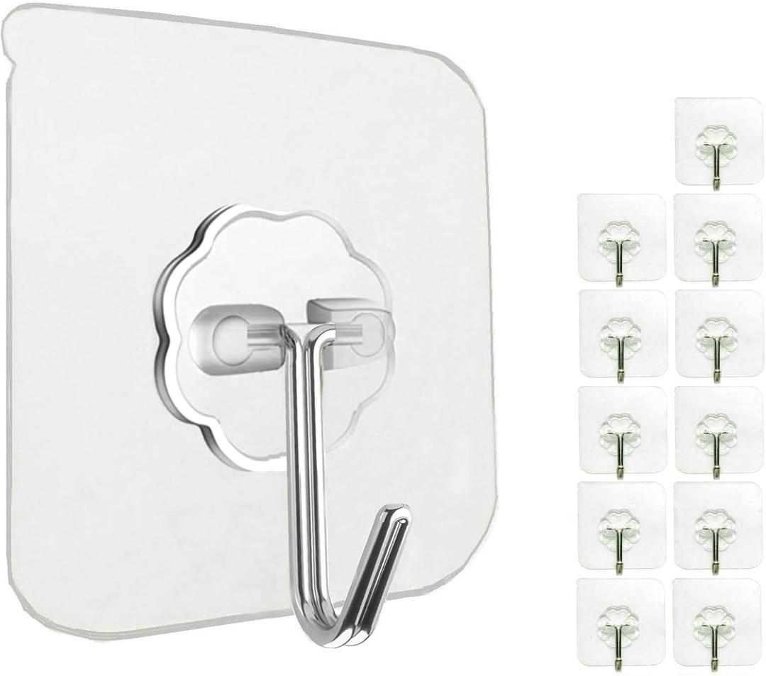 Jwxstore 12 Pack Heavy Duty Self Adhesive Hooks - 33lb Max, Transparent, Waterproof, Sticky Wall Hooks for Keys, Bathroom, Shower, Outdoor, Kitchen, Door, Home Improvement, Utility | Heavy Duty, 33lb Max, Waterproof, for Keys, Bathroom, Shower