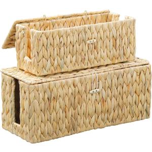 Cable Management Box,Hand-Woven Water Hyacinth Decorative Cord Organizer,2 Side Open Slots Wicker Cable Box to Hide Cords and Power Strip,for Desk, Floor, Office,2 Pack