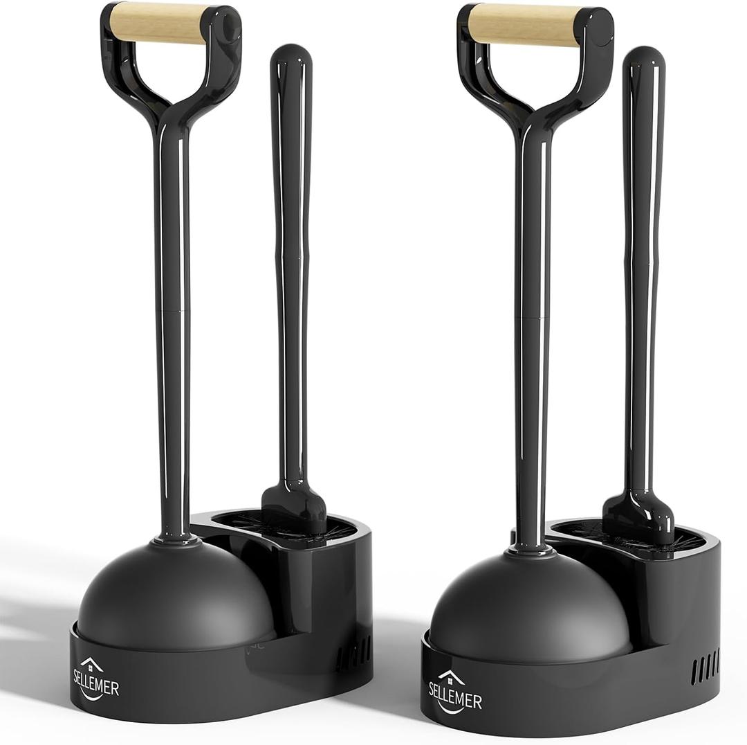 Sellemer Toilet Brush and Plunger Set, Curved Design Head for Deep Cleaning, Heavy Duty Toilet Bowl Brush and Plunger Combo with Holder for Bathroom Cleaning, Black, 2 Pack