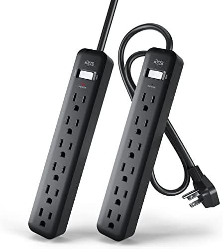KMC 6-Outlet Power Strip, 2-Pack, Black Power Strips, 2ft Short Extension Cord with Multiple Outlets, 6 AC Power Outlet Strip, Flat Plug Powerstrip, 2 Pack, Black