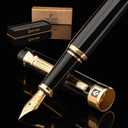 KEYZOR Luxury Fountain Pen Fine Nib For Writing,Refillable Ink Converter,24k Gold Trim Pens Gift Set For Men &Women,Professional,Business,Office (Black)