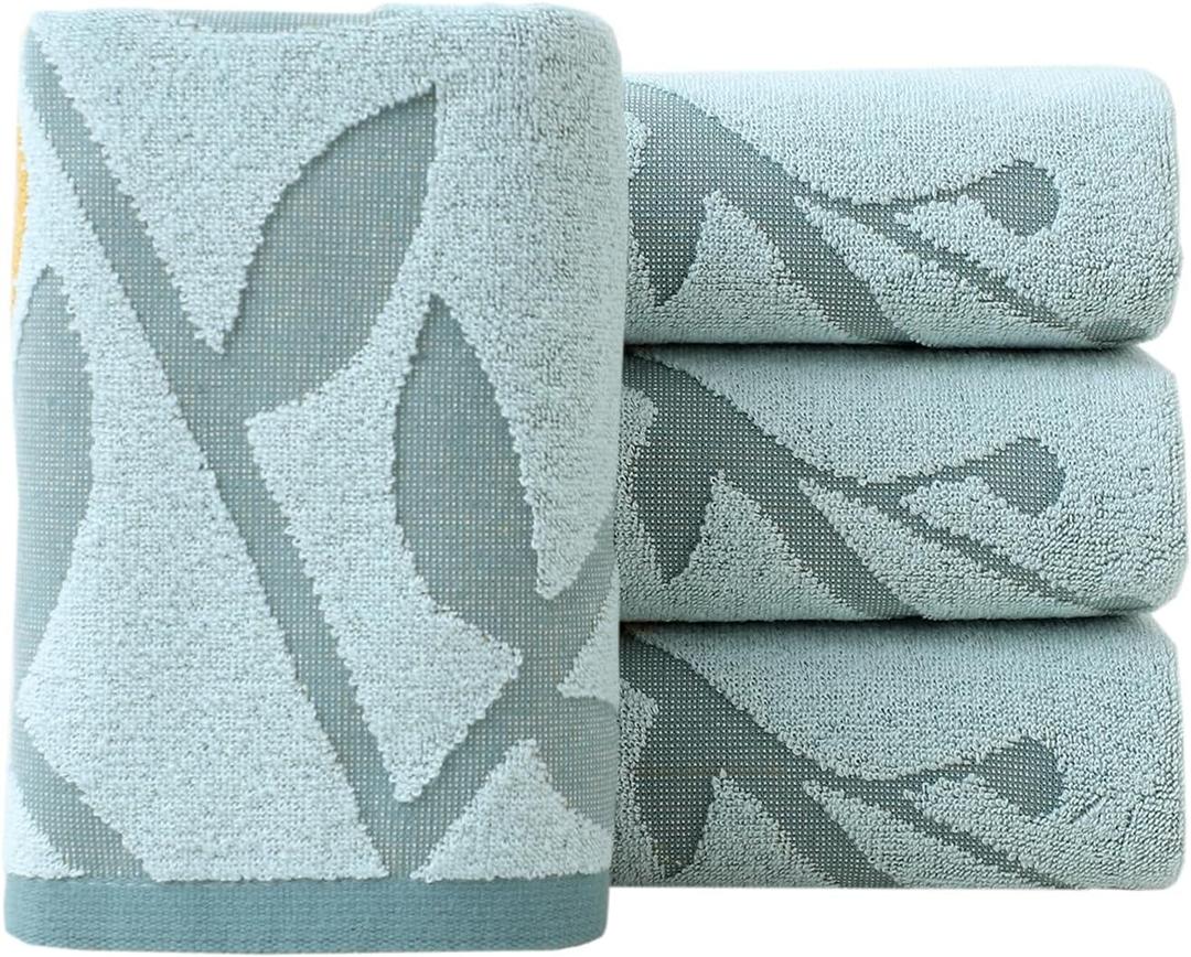 Pidada Hand Towels Set of 4 Floral Pattern 100% Cotton Absorbent Soft Decorative Towel for Bathroom 13.4 x 29.1 inch (Aqua Blue)