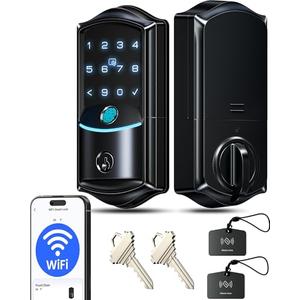 Veise VE027 Built-in Wi-Fi Smart Lock, Fingerprint Keyless Entry Front Door Lock, App Remote & Voice Control, No Hub Needed, Touchscreen Keypad Deadbolt, IP65 Waterproof, BHMA Grade 3, Matte Black