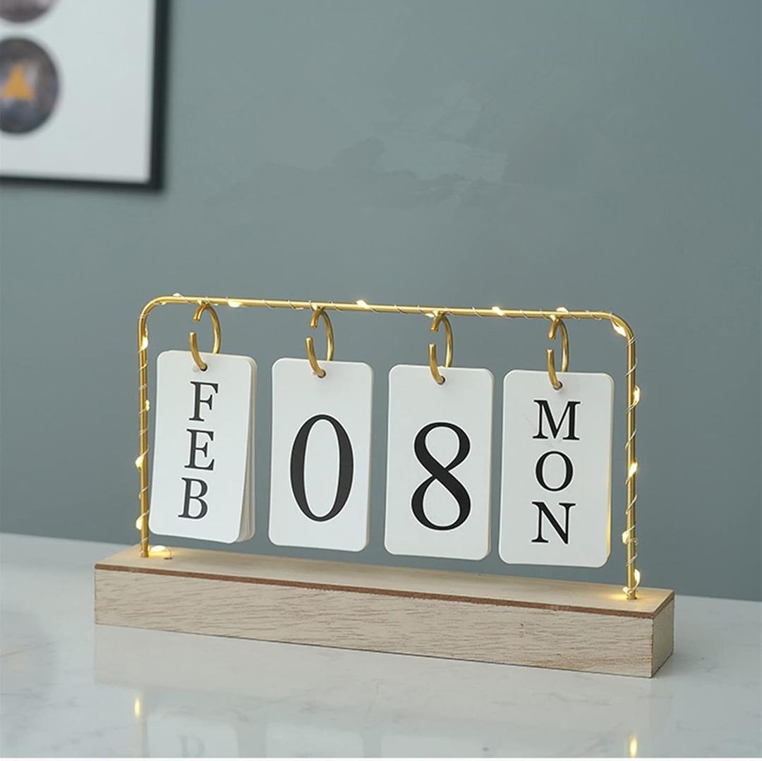 Flip Wooden Perpetual Calendar Gold Metal Stand with Paper Monthly Daily Calendar with Light For Daily Office Home Decor Reusable Office Accessory